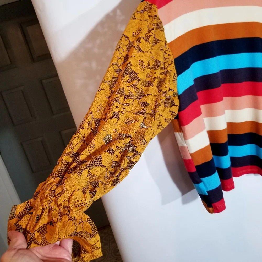 UMGEE Sweater Women's Large Striped Floral Lace Mustard Yellow Sleeves Blue Red_6